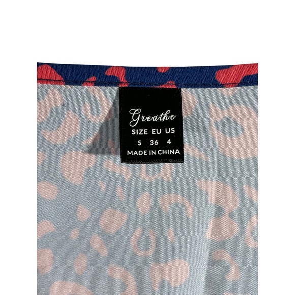 Greathe Women Navy Pink Leopard Print Wrap Dress Short Sleeve Ruffle Hem Size 4 - Picture 6 of 7